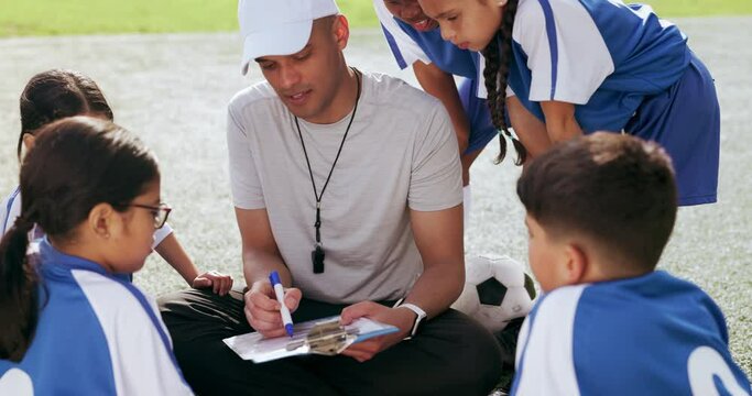 Coach, clipboard and children on field for soccer prepare for game, match and practice outdoors. Sports, teamwork and young kids huddle for training formation, exercise and planning for tournament