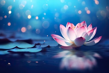 Lotus flower on blue water background with bokeh effect photorealistic