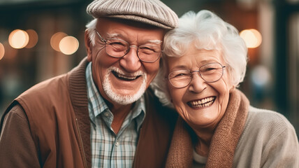 elderly couple is happily posing for a picture, sharing smiles.generative ai
