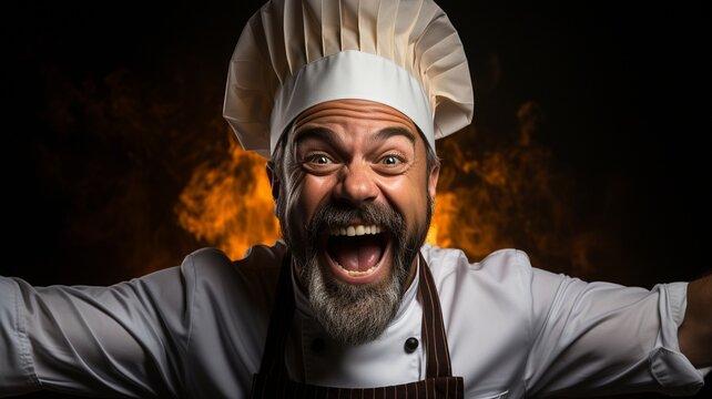 An animated chef in a studio portrait..