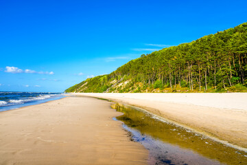 Baltic Sea beach near Misdroy. Seaside resort on the Polish coast. Landscape on the beach.
