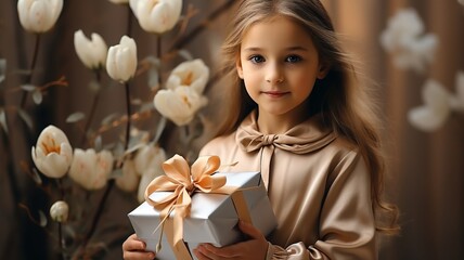 A lovely present box with a ribbon and white flowers is held in the child's hands and given to the mother's hands. hands up close. recorded are attractive, natural moments..