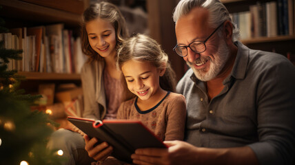 Fototapeta premium A Happy little girl having fun while using digital tablet with her grandparents at home.generative ai