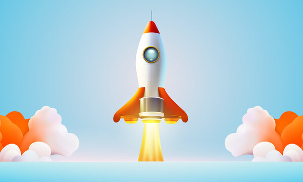 Rocket space startup, creative idea cover, landing page web site, Vector illustration, Rocket flying over cloud,Rocket launch. Business startup concept.