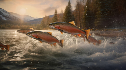 Fototapeta premium Salmon herd jumping out of the water towards the camera.generative ai