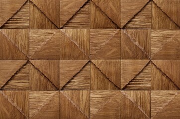 Wooden triangles on a background of wood. Abstract low poly background. Polygonal shapes background, low poly triangles mosaic, geometric shape with wood texture illustration