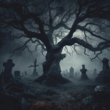A Gnarled Tree Within a Graveyard Backlit by Moonlight