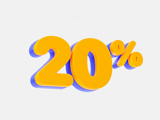 Orange and purple 20% 3D number 20 percent symbol Great discount sale banner design in 3d illustration background. Scene 3d big offer special label, tag. 3D render. Shopping offer 20 percent cash back