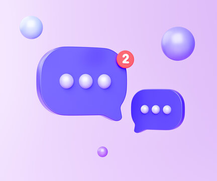 3D purple rendering bubble chat icon and notification mark. Chat icons isolated solid background. Two bubble talk or comment sign symbol. Talk, dialogue, messenger or online support concept. 3d render
