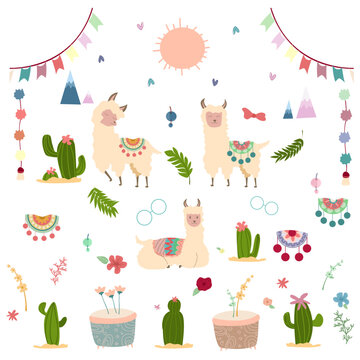 set of Llama. set of cute alpacal with isolated vector