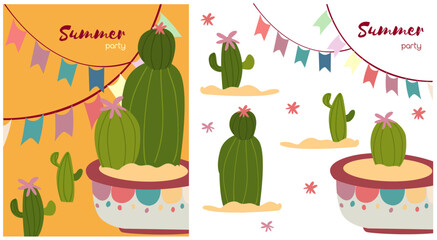 Cute and creative cactus card. cactus with decoration flags. a summer card with a flowering cactus. cactus on aesthetic or patterned flower pots