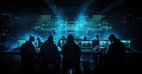 cybersecurity professionals in an advanced analysis chamber, unraveling complex codes