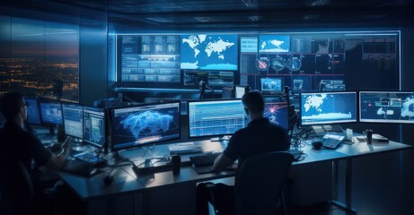 network security team in a cutting-edge control room, seeking potential cyber vulnerabilities - obrazy, fototapety, plakaty