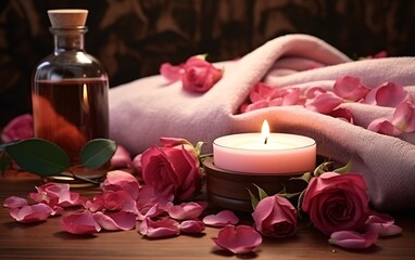 Obraz na płótnie Canvas relax spa background in soft lighting, Candles, rose , petal, aromatherapy, cozy meditation