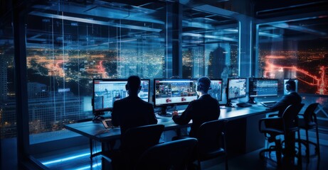 cyber defense agents in an advanced operations hub, meticulously identifying cyber threats - obrazy, fototapety, plakaty