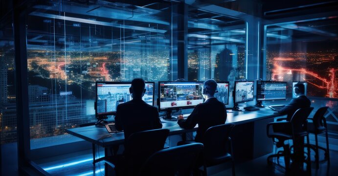 cyber defense agents in an advanced operations hub, meticulously identifying cyber threats