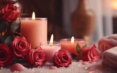 relax spa background in soft lighting, Candles, rose , petal, aromatherapy, cozy meditation