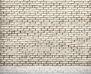 Beige brick wall texture background with floor. Brickwork and stonework flooring interior rock old pattern design.