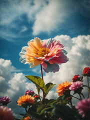 Beautiful colorful flowers with blue sky and clouds background, Idyllic Meadow. ai generative