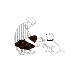 man tying a puppy's paw