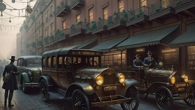 Steampunk cityscape. Victorian era city scene with cars and peoples. Retrofuturistic animation with transformations. AI generated cinematic video