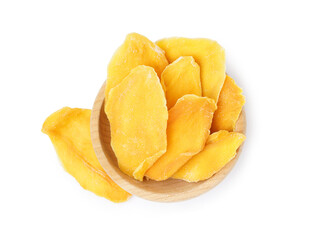Bowl with slices of tasty dried mango on white background