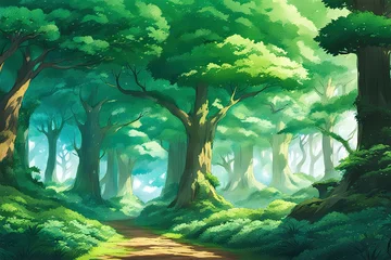 Acrylic prints Fairy forest anime cartoon style woodland forest background banner, generated ai