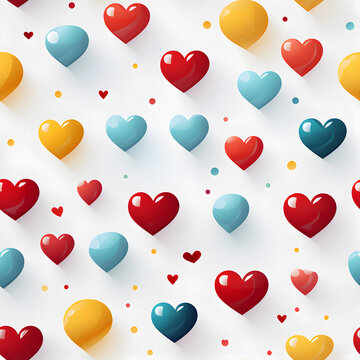 Seamless illustration of colorful painted 3D style shapes of hearts on white backdrop. Wallpaper and gift wrap for valentine's day.