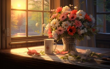 Hopeful Table Setting: Abundance of Flowers on a Table Background