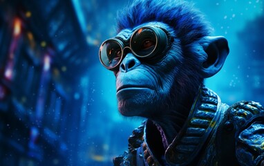 Blue-Skinned Toxic Waste Mutant Monkey with Scientific Twist - obrazy, fototapety, plakaty