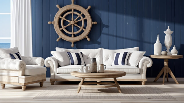 Nautical Charm: A navy blue and white striped sofa and a driftwood coffee table create a coastal vibe in this room Seashell decorations and a ship wheel on the wall complete the nautical theme