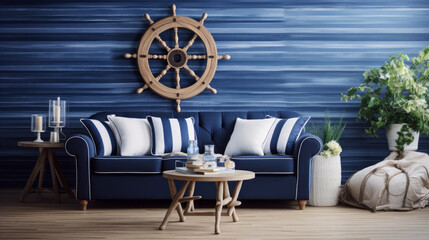 Nautical Charm: A navy blue and white striped sofa and a driftwood coffee table create a coastal vibe in this room Seashell decorations and a ship wheel on the wall complete the nautical theme