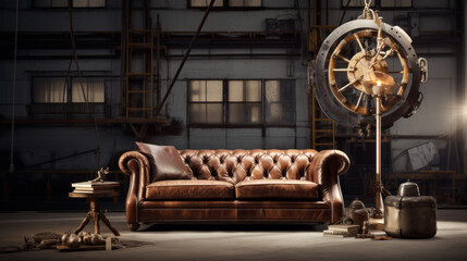 Nautical Industrial Fusion: Combines nautical and industrial elements with maritime lighting, metal accents, and a leather sofa for a unique aesthetic 