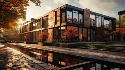 Naklejka premium modern brick building with warm sunlight created with Generative AI technology