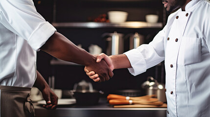 Cooks shaking hands in the kitchen 