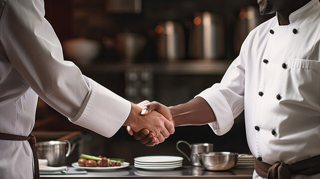 Cooks shaking hands in the kitchen 