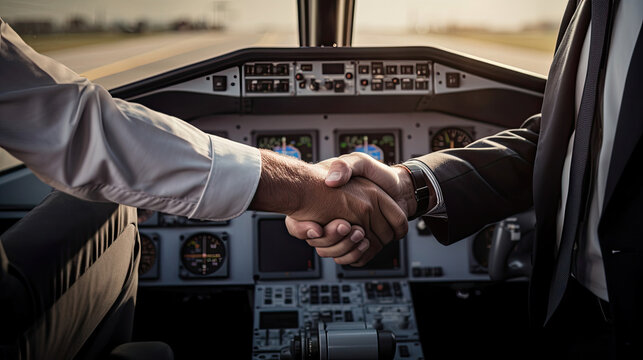 Pilots shaking hands in cockpit