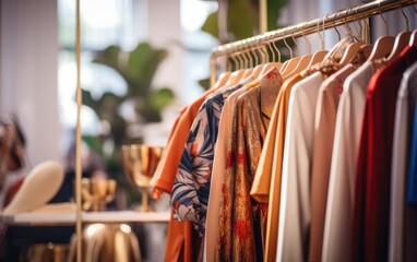 Fototapeta Fashion clothes in a trendy luxury boutique store, blurred background. Generative AI obraz