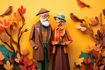 paper art illustration with an old couple and birds