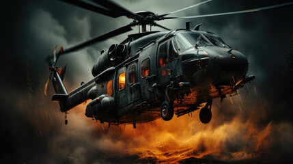 helicopter in flight at war scene created with Generative AI technology