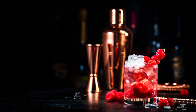 Rosso berry crush red cocktail drink with vermouth, raspberries, currants and ice, dark bar counter background, bar tools and bottles
