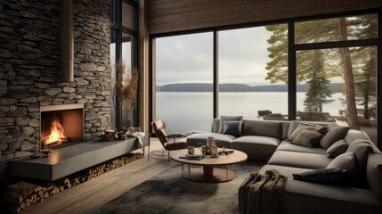 Nordic Lakeside Cottage Lounge Inspired by lakeside cottages, with wooden paneling, a stone fireplace, and comfortable seating with lake views