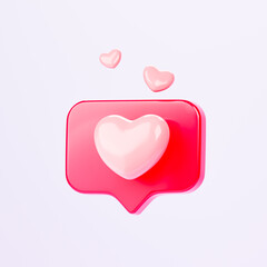 Sweet 3d pinky love like heart social media notification icon. Speech bubbles with heart for romantic communication or Valentine Day gift concept. Romantic message or social media chat. 3D Rendering