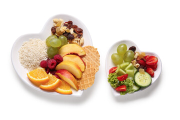 Plates with fresh healthy products on white background. Diet concept