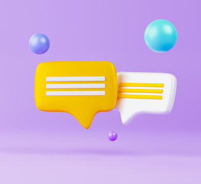 3d rendering illustration bubble chat icon mark yellow. Chat bubble icons isolated over purple background. Two bubble talk or comment sign symbol. Talk, dialogue, messenger or online support concept