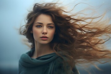 Naklejka premium Mesmerizing Hair in the Wind: Woman's Poetic Stance - Royalty-Free