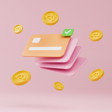 3D Credit card, floating coins around on purple background. Money-saving, cashless society concept. 3d rendering for business finance, shopping on e-commerce for secure concept.3d render illustration