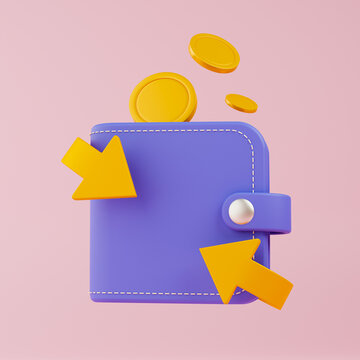 3D Cashback and money refund icon concept. Refund and digital payment. 3D render illustration. 3D money wallet refund for business bank. 3D Wallet, floating coins and cashback icon.