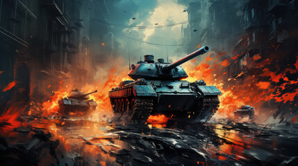 painted concept of tank in a modern war scene created with Generative AI technology - obrazy, fototapety, plakaty