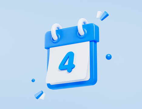 3D blue calendar with 4th day of the month icon. Minimal creative design. Fourth day of the month. Cartoon icon isolated on blue background. Cartoon icon isolated on blue background. 3D Rendering